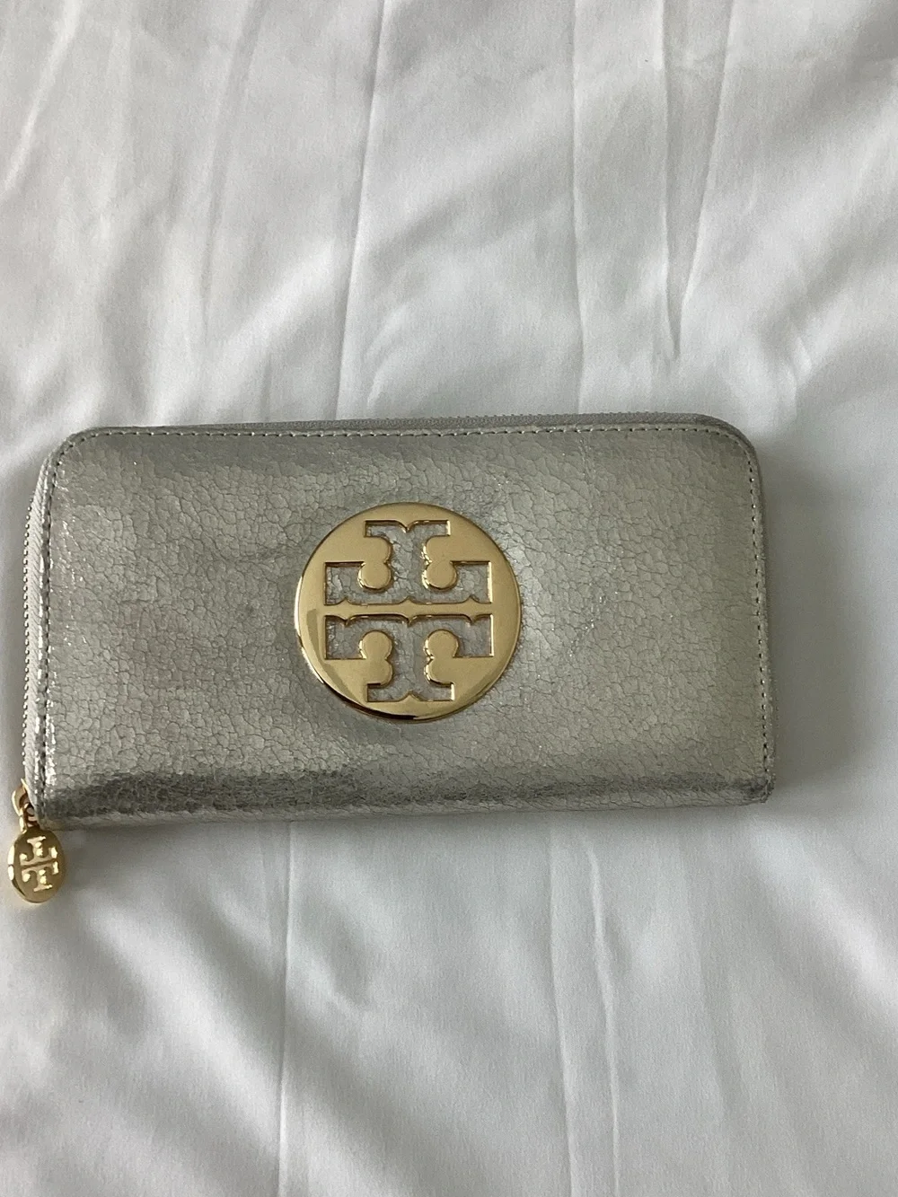 Tory Burch Silver Zip-Around Wallet with Gold Logo